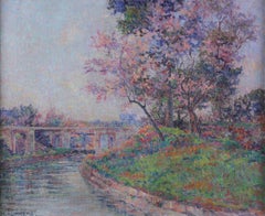 Henri Aurrens French Pointillist Landscape Oil Painting, Early 20th Century