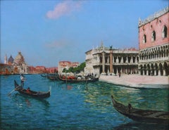 Gaston Boucart French Venice Canal Oil Painting, Original Gold Leaf Frame