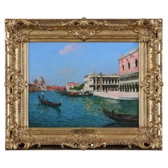 Gaston Boucart French Venice Canal Oil Painting, Original Gold Leaf Frame