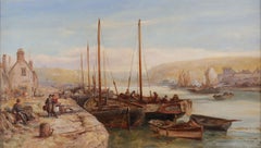 William Webb Large British Fishing Harbour Marine Oil Painting, circa 1900