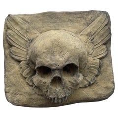 Gothic Winged Masonic Skull Stone Wall Plaque, Architectural Memento Mori