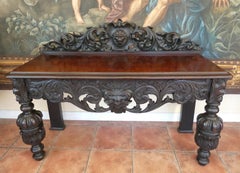 Antique English Country Oak Hall Table with Green Man Carving, circa 1730