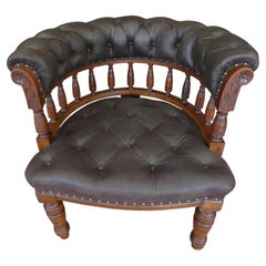 Large Antique English Oak and Brown Leather Office Chair, circa 1830