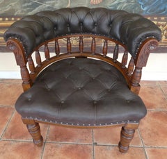 Large Antique English Oak and Brown Leather Office Chair, circa 1830