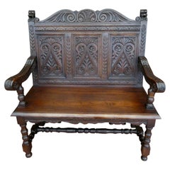 Antique Victorian Carved Country Oak Settle Bench, circa 1830