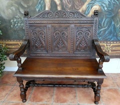 Antique Victorian Carved Country Oak Settle Bench, circa 1830