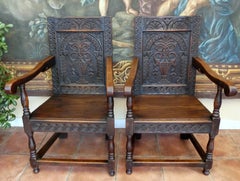 Antique Pair of English Country Oak Wainscot Chairs, circa 1700