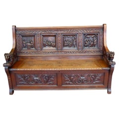 Victorian Carved Country Oak Settle with Lions and Mythical Creatures circa 1840