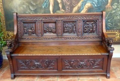 Victorian Carved Country Oak Settle with Lions and Mythical Creatures circa 1840