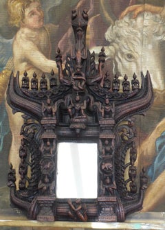 Antique 19th Century Tibetan Hand-Carved Wooden Shrine Mirror