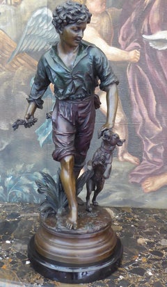 Antique French Figural Bronze of a Boy and Dog, circa 1920