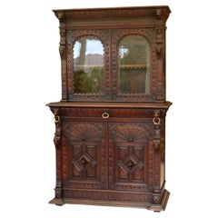 Antique Victorian Country Oak Bookcase with Carved Faces and Lions