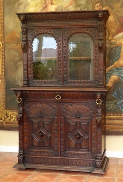 Antique Victorian Country Oak Bookcase with Carved Faces and Lions