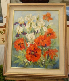 Large Elizabeth Davies Still Life with Flowers, Oil Painting on Canvas