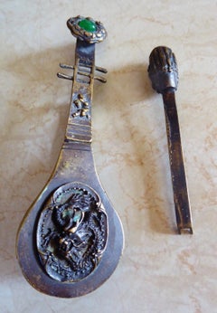 Antique Chinese Ornate Brass Lock with Jade, circa 1830