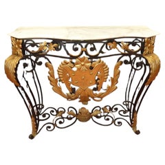 Late 20th Century Cast Iron and Marble Console Table with Gilt Heraldic Crest