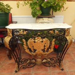 Late 20th Century Cast Iron and Marble Console Table with Gilt Heraldic Crest