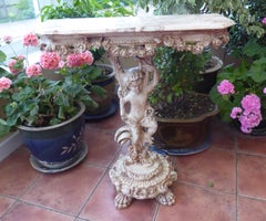 Mid Century Painted Pine Plant Stand with Carved Cherub and Marble Top