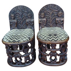 Antique Pair of African Carved Wood Tribal Chairs, circa 1930s