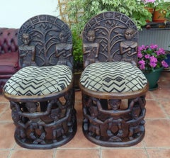 Antique Pair of African Carved Wood Tribal Chairs, circa 1930s