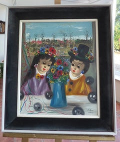 S. Reno, Portrait of Two Children, Paris, Mid Century Painting 1960s