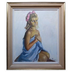 Girl in the Towel, Large Mid Century Oil Painting, Monogrammed JM, 1964