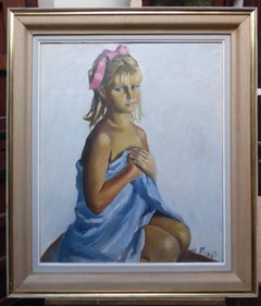 Girl in the Towel, Large Mid Century Oil Painting, Monogrammed JM, 1964
