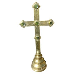 Victorian Brass Religious Ecclesiastical Church Crucifix with Cabochons, ca 1860