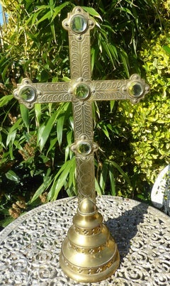 Victorian Brass Religious Ecclesiastical Church Crucifix with Cabochons, ca 1860