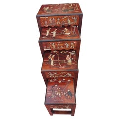 Antique Chinese Carved Nest of Four Tables with Coloured Hardstone, circa 1920s