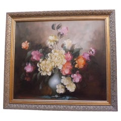 Large Mid Century Floral Still Life with Roses, Signed Oil on Canvas Painting