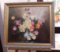 Large Mid Century Floral Still Life with Roses, Signed Oil on Canvas Painting