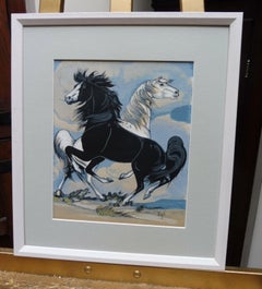 Virgil, Study of Stallions, Mid Century Equestrian Horses Watercolour Painting