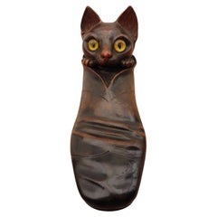 Antique Victorian Novelty Carved Oak Cat Inkwell with Glass Eyes, circa 1860