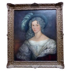 Antique Regency Portrait of a Lady with a Hat, Oil Painting, circa 1830