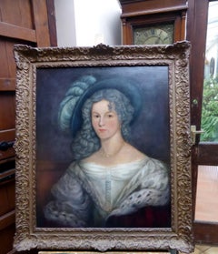 Antique Regency Portrait of a Lady with a Hat, Oil Painting, circa 1830