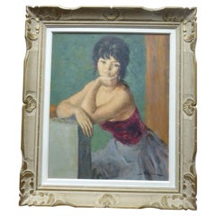 Mid Century Portrait Oil Painting of a French Girl by Marc Rebierre