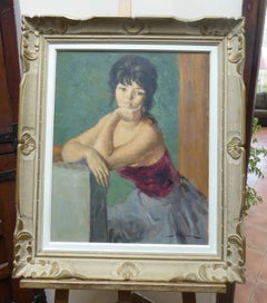 Mid Century Portrait Oil Painting of a French Girl by Marc Rebierre