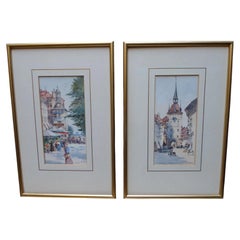 Antique Flower Market and Clock Tower Watercolour Painting by Horace W. Tuck