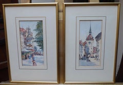 Antique Flower Market and Clock Tower Watercolour Painting by Horace W. Tuck