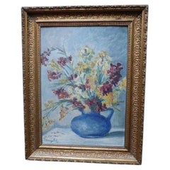 Signed 1920s Impressionist Oil Painting of Flowers in a Blue Jug