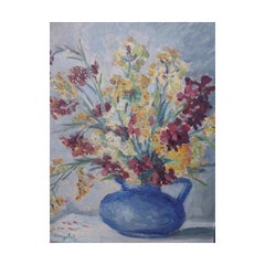 Signed 1920s Impressionist Oil Painting of Flowers in a Blue Jug