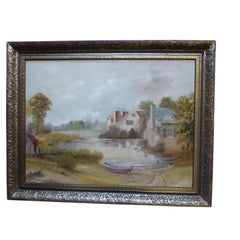 Mid Century Landscape Oil Painting of a Cottage by the River