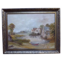 Mid Century Landscape Oil Painting of a Cottage by the River