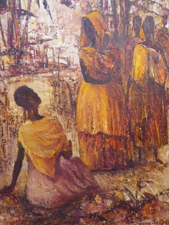 Dipinto a olio di donne tribali della metà del secolo scorso, opera di John Seldon, 1962