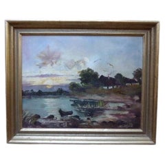 F. E. J. Schmidt, “Cottage by the River”, dipinto a olio di paesaggio della metà del secolo