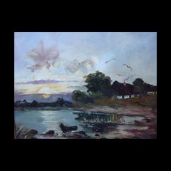 F. E. J. Schmidt, “Cottage by the River”, dipinto a olio di paesaggio della metà del secolo