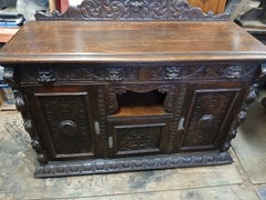 Antique Victorian Gothic Revival Carved Oak Sideboard Mid 19th Century