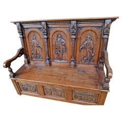 Antique 19th Century Victorian Carved Oak Settle