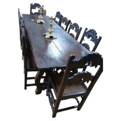 Large Spanish 18th Century Oak Refectory Dining Table with Wrought Iron Base